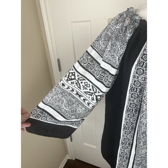 Chicos Sz 3 XL Bohemian Peasant Oversized Top Drawstring Ruffle Neck Black White - Picture 3 of 8